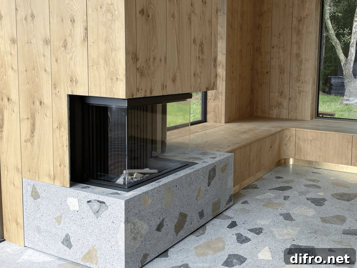 large terrazzo floor and fireplace