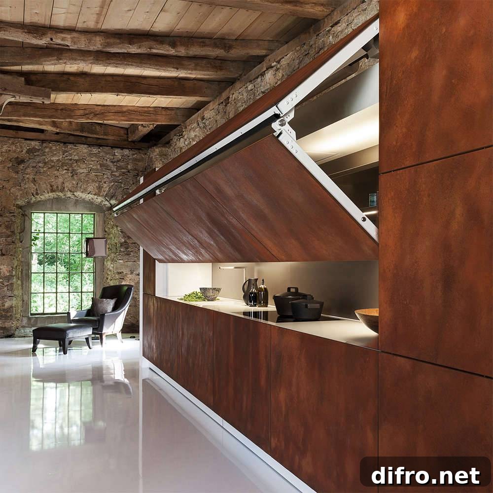 brown wood hidden kitchen