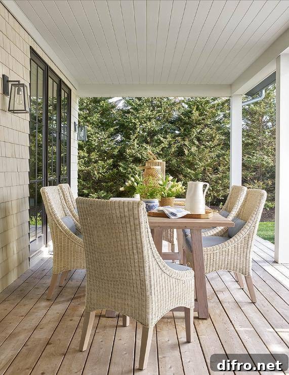 Beneath a covered porch, a gray wash dining table is surrounded by wicker dining chairs.