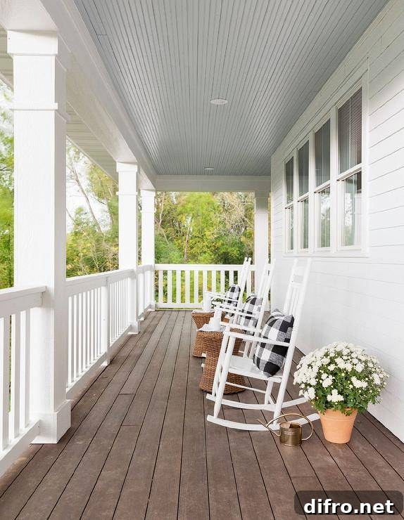 Wraparound porch furnished with white rocking chairs and black buffalo check pillows.