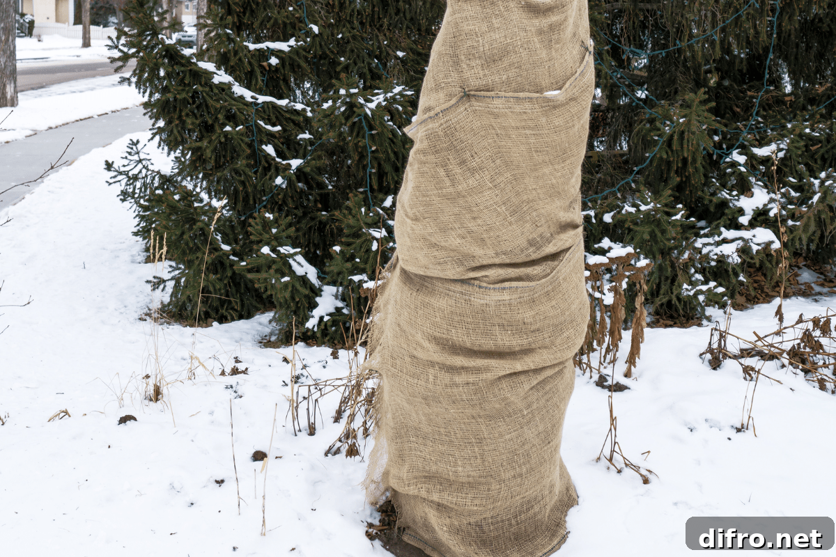 burlap wrapped tree in snow