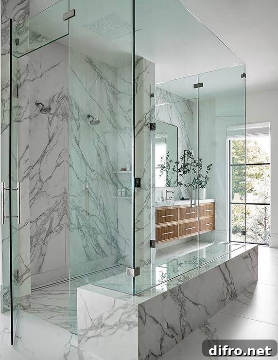 43 Walk-In Shower Ideas to Transform Your Bathroom 2 all marble walk in shower with glass doors in modern bathroom