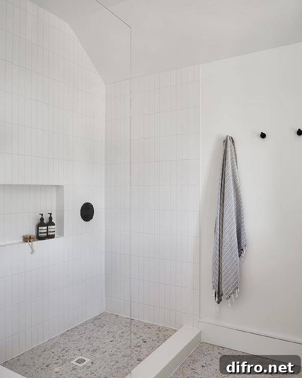 43 Walk-In Shower Ideas to Transform Your Bathroom 9 modern white simple walk in shower towel hanging on wall and soap inside shower wall