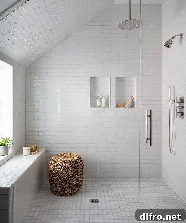 43 Walk-In Shower Ideas to Transform Your Bathroom 10 sloped ceiling walk in shower white clean tile with seagrass ottoman