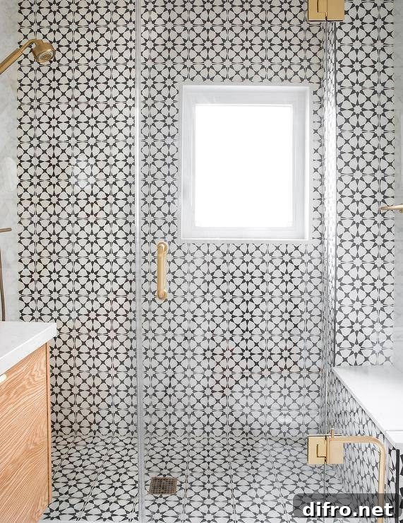 43 Walk-In Shower Ideas to Transform Your Bathroom 13 black and white sunburst tiles walk in shower with glass doors and gold hardware
