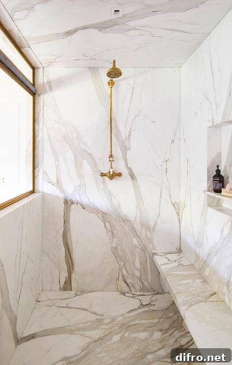 43 Walk-In Shower Ideas to Transform Your Bathroom 3 all marble walk in shower with gold faucet shower kit