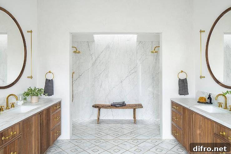 43 Walk-In Shower Ideas to Transform Your Bathroom 17 symmetrical bathroom matching vanities wood black round frame mirrors decorative floor tiles gold faucets bench in shower glass doors