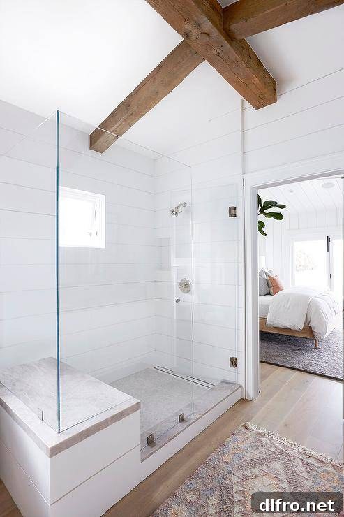 43 Walk-In Shower Ideas to Transform Your Bathroom 19 wood beams ceiling walk in shower bathroom frameless glass door