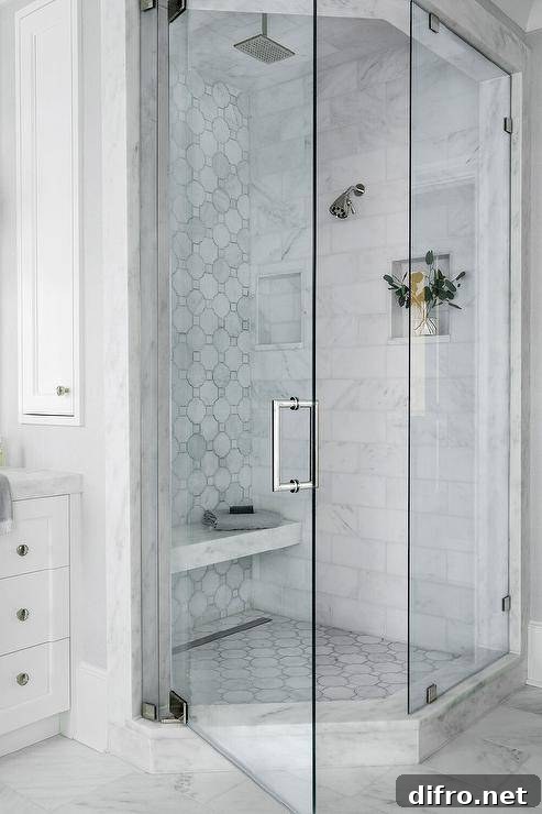 43 Walk-In Shower Ideas to Transform Your Bathroom 24 corner walk in shower with circle tiles glass door
