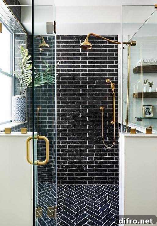 43 Walk-In Shower Ideas to Transform Your Bathroom 25 black subway tile with gold shower kit walk in with glass door