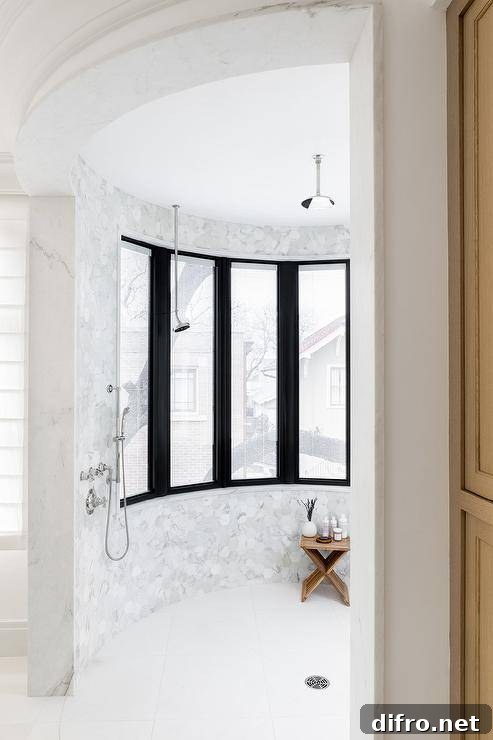 43 Walk-In Shower Ideas to Transform Your Bathroom 27 curved walk in shower with black frame windows and no doors