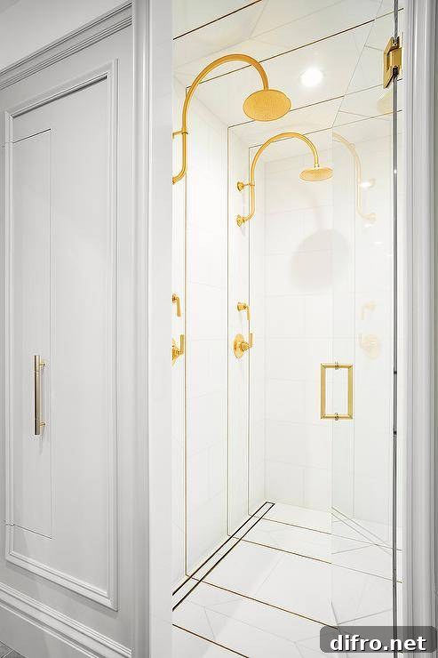 43 Walk-In Shower Ideas to Transform Your Bathroom 7 double his and her brass shower heads white tile walk in shower with glass door