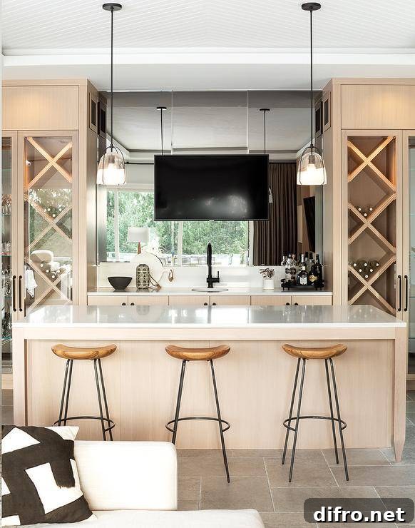 Three backless wood and iron stools placed at a tan bar island with a TV mounted in front of a mirrored backsplash.