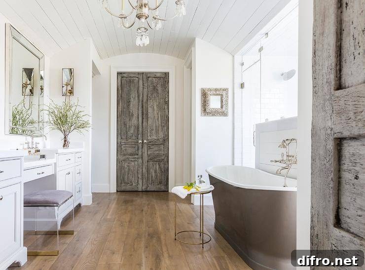 Antique bi-fold doors opening to a master bathroom with shiplap and chandelier