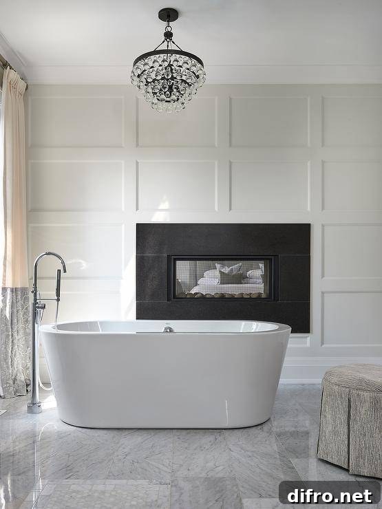 Modern tub in front of a black fireplace in a master bathroom