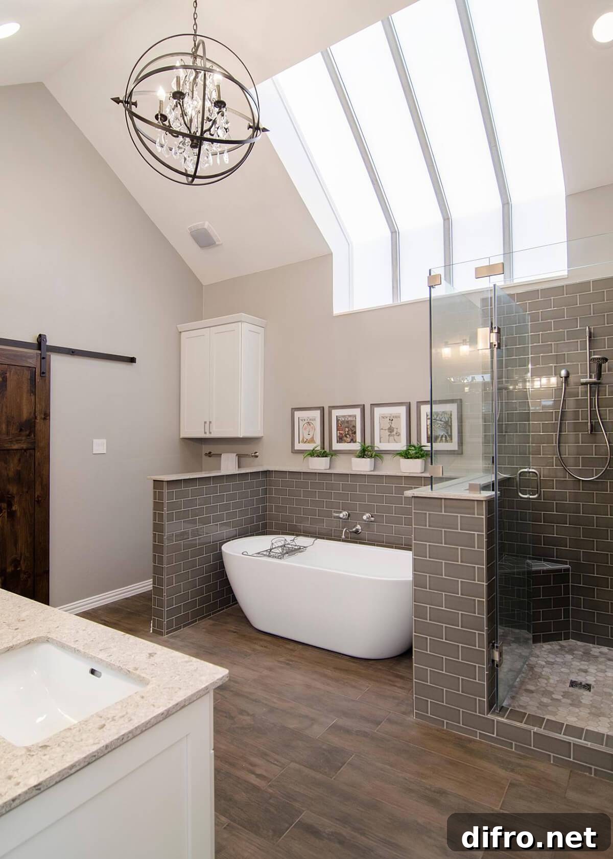 Dark grey subway tile surround with a freestanding tub in a chic bathroom
