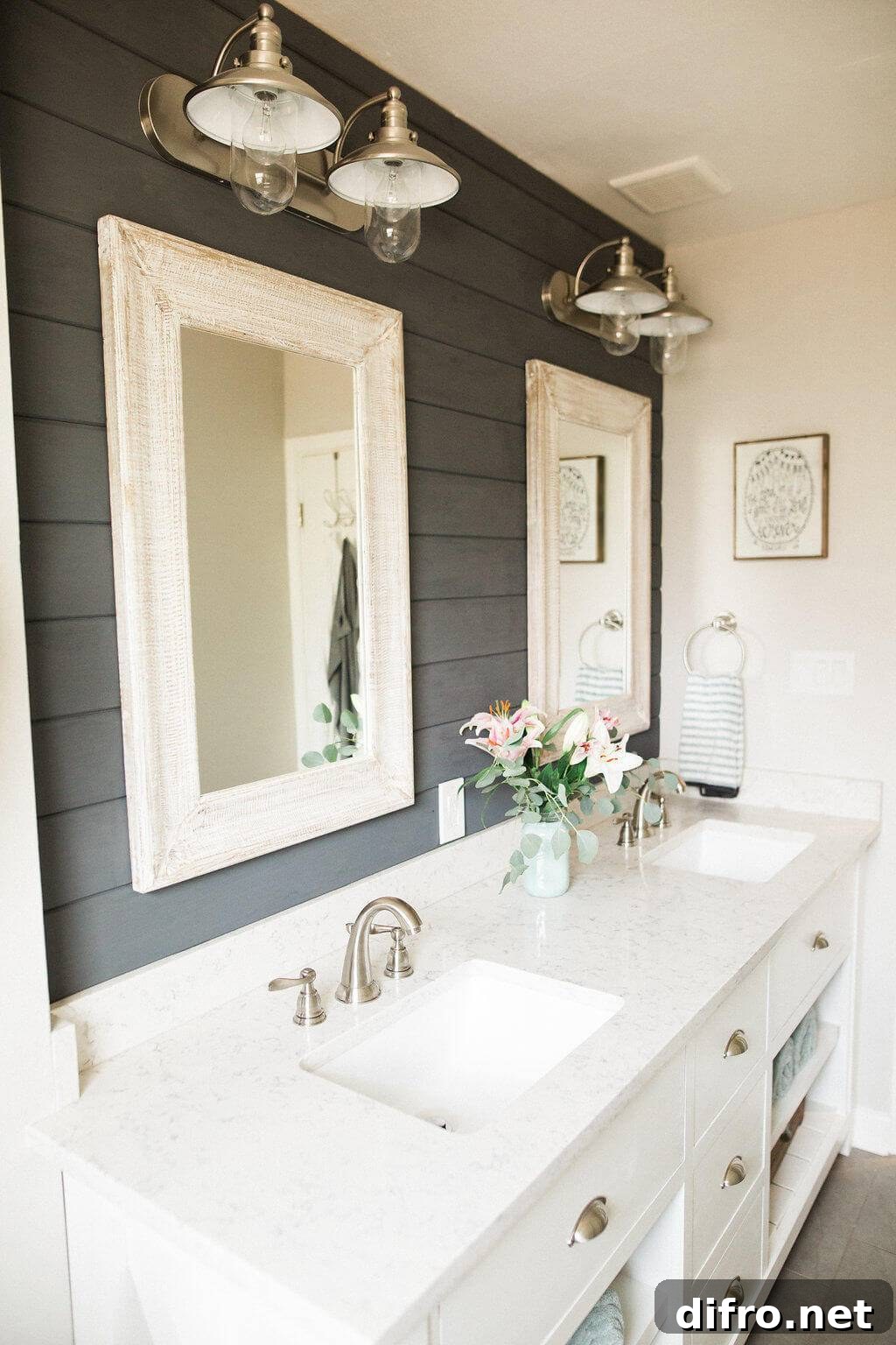 Cottage style bathroom with shiplap and double vanity
