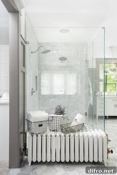 Marble walk-in shower with his and hers shower heads