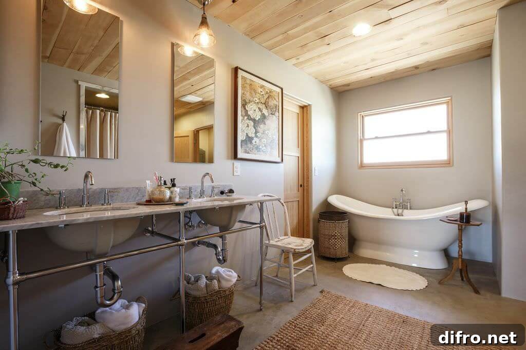 farmhouse style master bathroom with freestanding tub and pedestal sinks