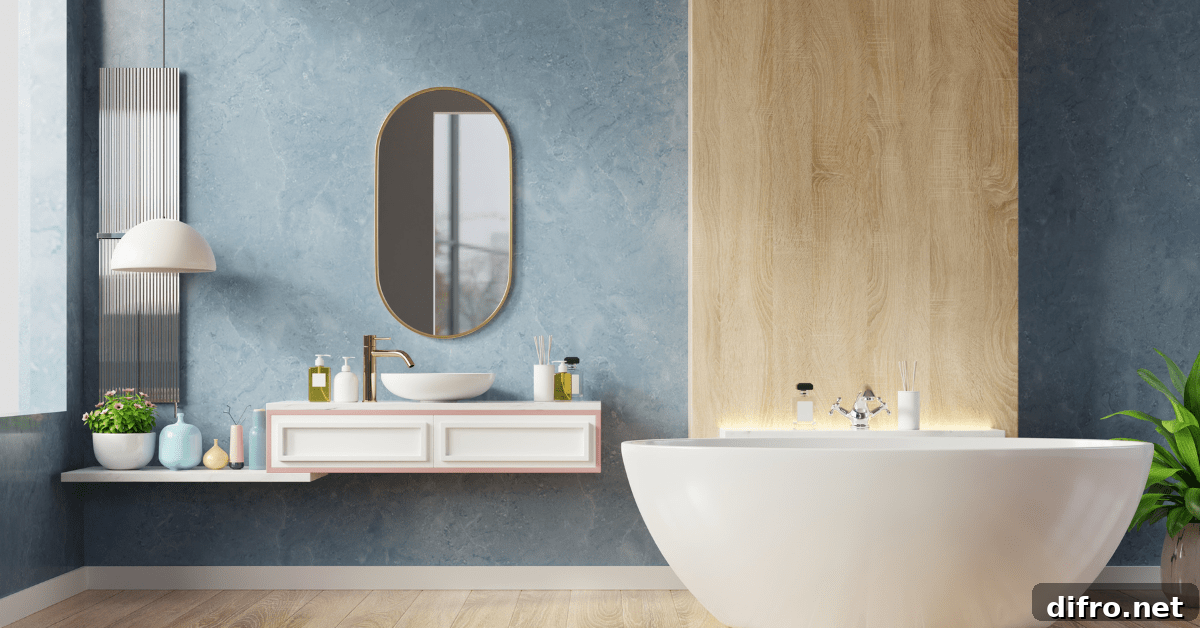 Master bathroom with rich blue walls and white tub