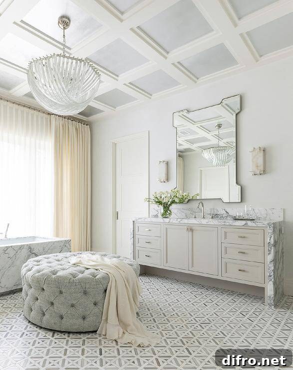 Elegant master bathroom with chandelier and marble floor