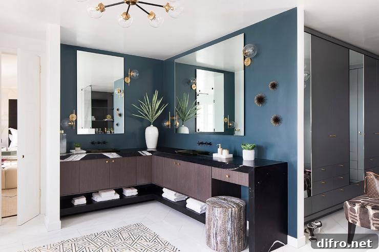 Brown and blue master bath features a dual washstand on a blue wall