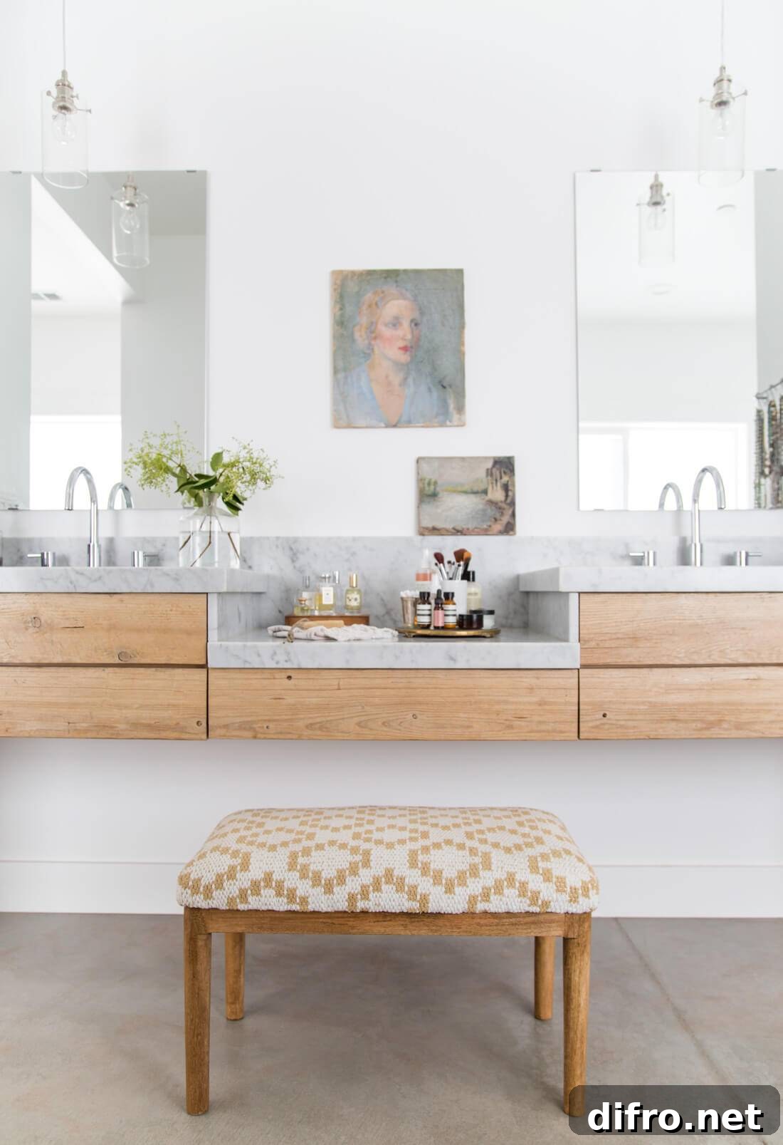 modern art in master bathroom with wood vanities and marble countertops