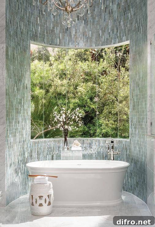 Contemporary tub in a tiled bathtub nook