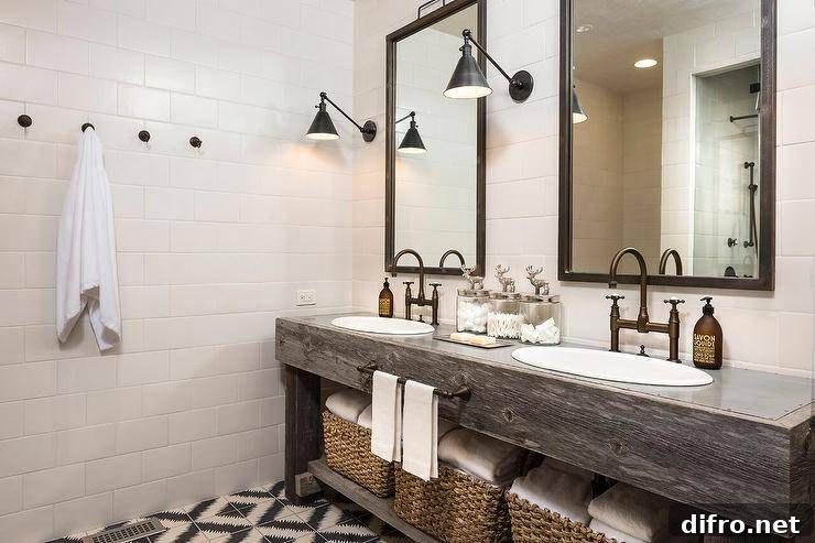 Country style bathroom features wall clad in large white subway tiles fitted with brass towel hooks mounted on a wall adjacent to a reclaimed wood double vanity finished with oval sinks with vintage brass deck mount bridge faucets separated by glass deer canisters and complementing a brass towel bar centered above a shelf holding wicker towel baskets. Above the washstand Boston Functional Library Wall Lights flank the mirrors lighting black and white diamond patterned cement floor tiles.