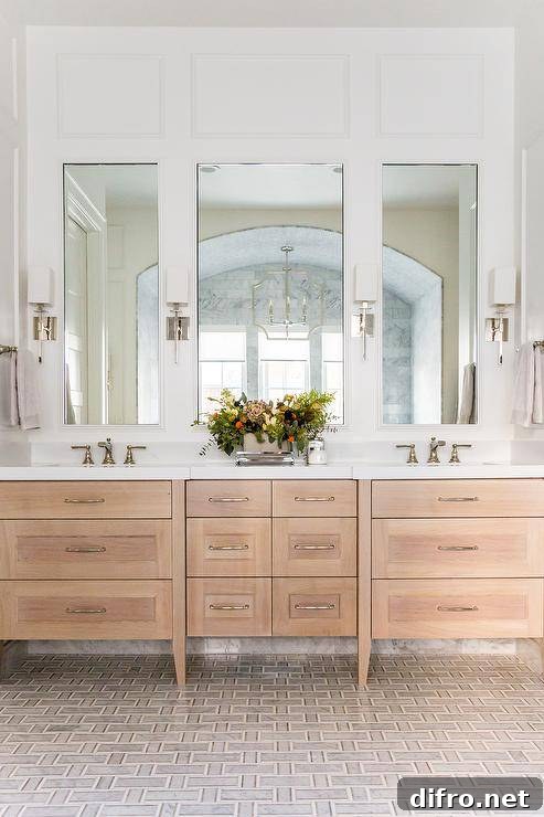 Tall mirror panels lit by are fitted over a blond wood dual washstand placed on gray carrera marble maze tiles. The washstand is adorned with polished nickel pulls and a white quartz countertop fitted with Brizo Rook Widespread Bathroom Faucets with Pop-Up Drain Assembly.