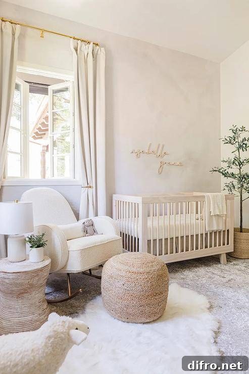 A soft pale pink boho chic nursery features gold letters on pale pink wallpaper over a light beige wooden nursery crib and a white boucle nursery rocker with tan ottoman and round accent table on white and gray layered rugs.
