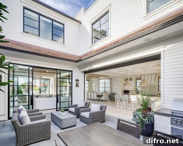 Gray wicker patio chairs face each other around a rectangular concrete coffee table on concrete pavers.