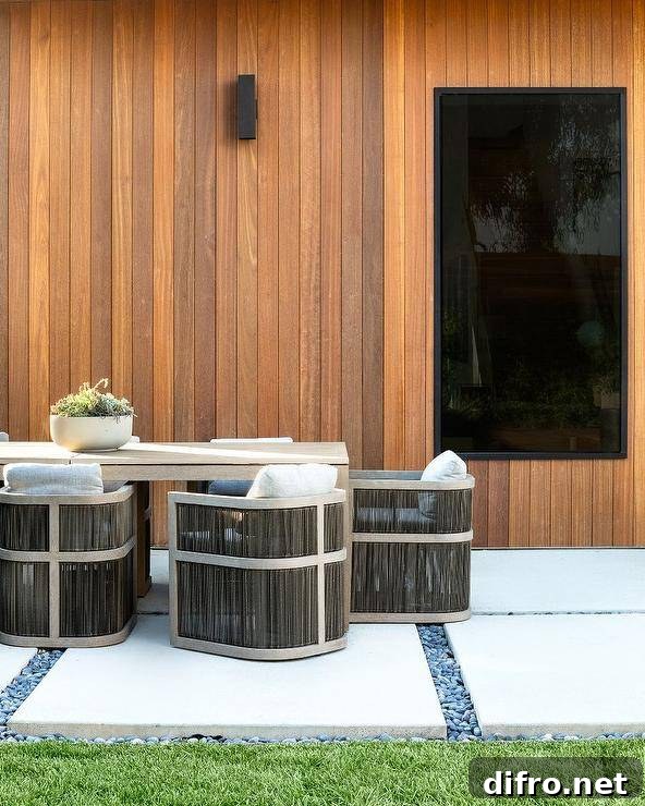 Restoration Hardware Capri teak armchairs at a gray outdoor dining table on concrete pavers framed by black river rocks.