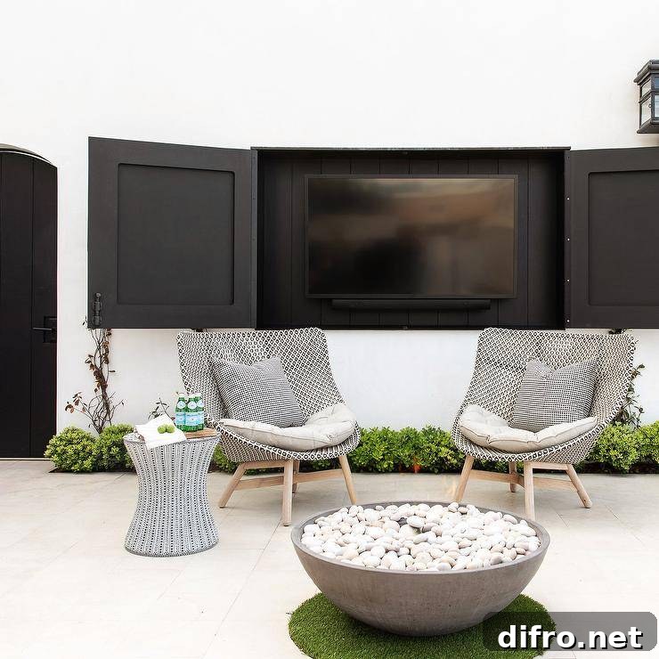 Hidden TV concealed in an outdoor patio with black cabinet doors; a round concrete fire feature surrounded by black and white seating.
