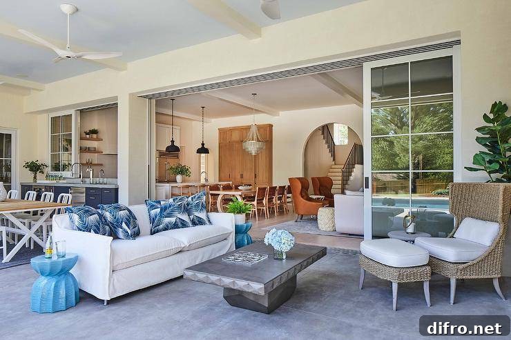 A white slipcovered sofa accented with blue palm print pillows sits on the concrete floor of a covered patio.