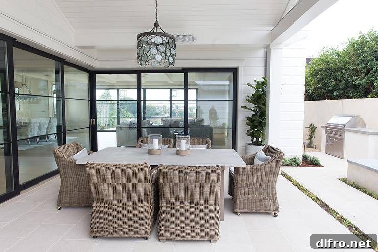 A recycled glass disc chandelier over a concrete dining table on a covered patio.