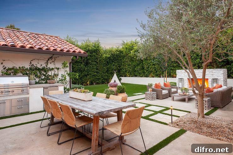 Transitional outdoor patio furnished with a natural woven dining set and a backyard kitchen with a concrete countertop.