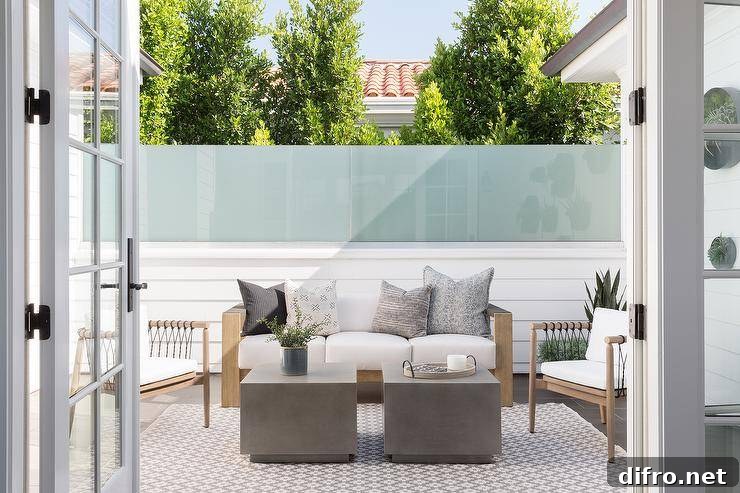 French doors open to a patio with concrete cube tables placed on a patterned rug.
