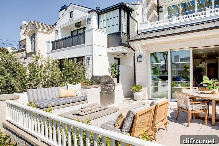 A white brick fire pit sits between a white brick sofa and teak lounge chairs on a concrete patio.