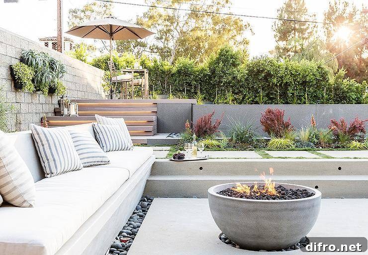 Sunken patio with a concrete bench and a concrete bowl fire pit surrounded by river rock.