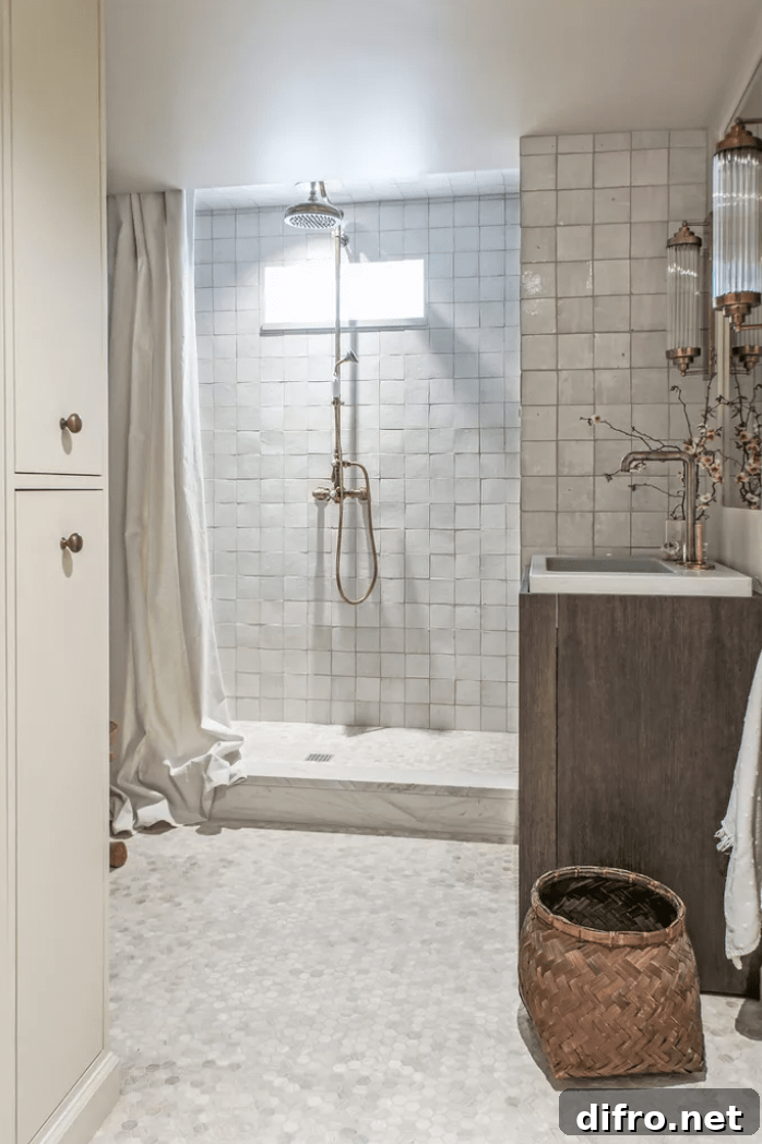 elegant white basement bathroom walk in shower with vanity