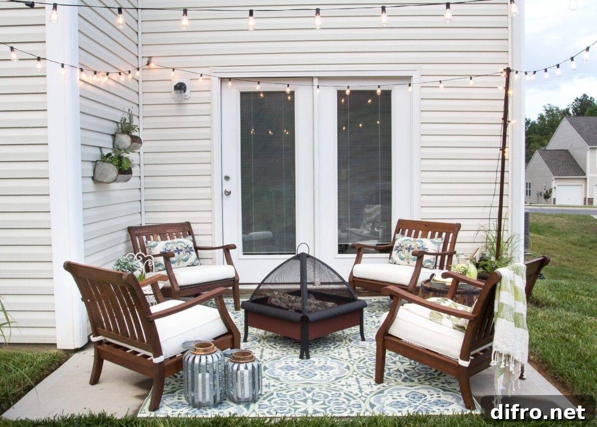 wide shot of patio with four brown chairs white cushions string lights and fire pit