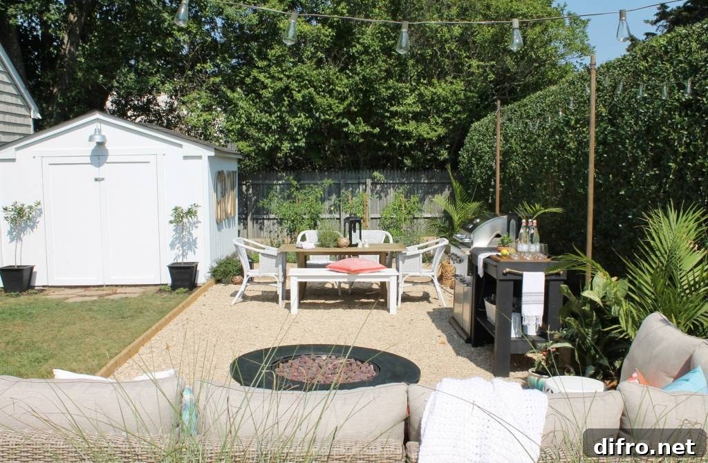 pea gravel outdoor patio with fire pit bbq and dining table