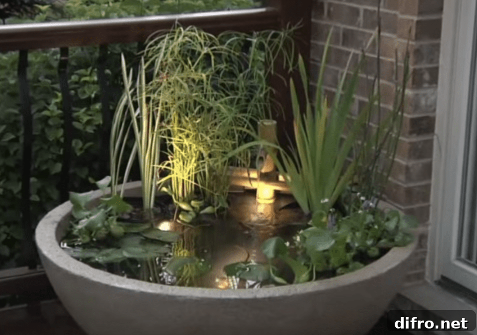 water bowl feature in backyard at night