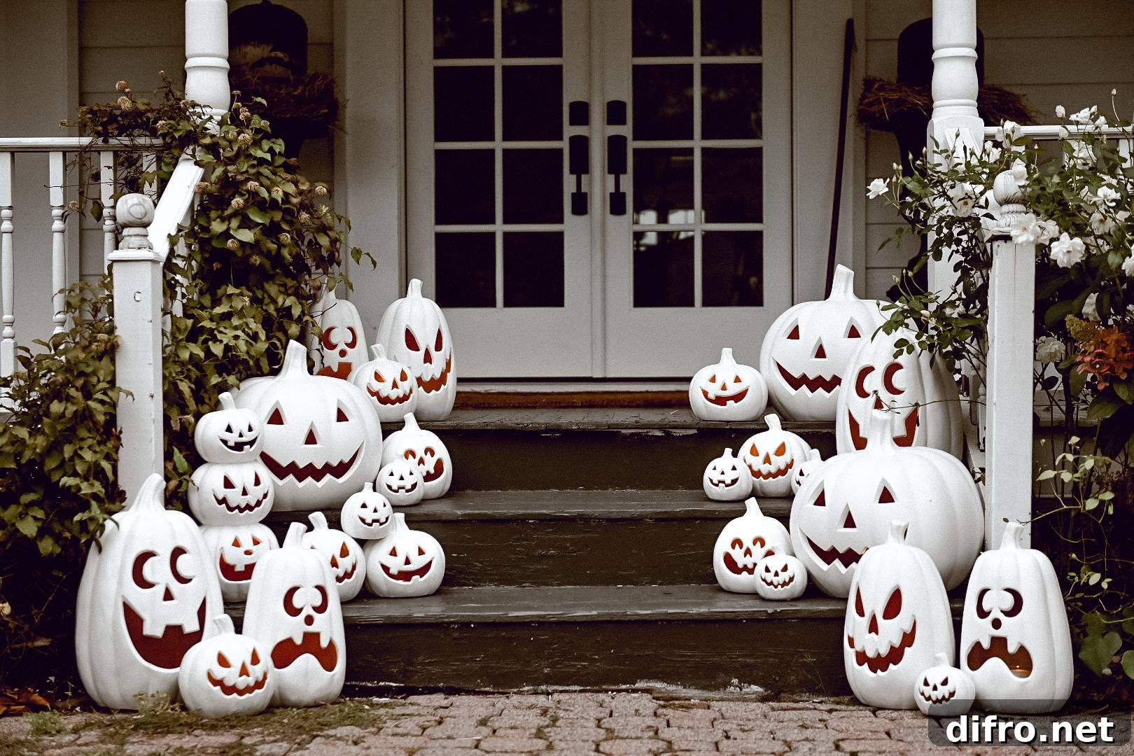 White jack-o'-lantern pumpkins on porch steps