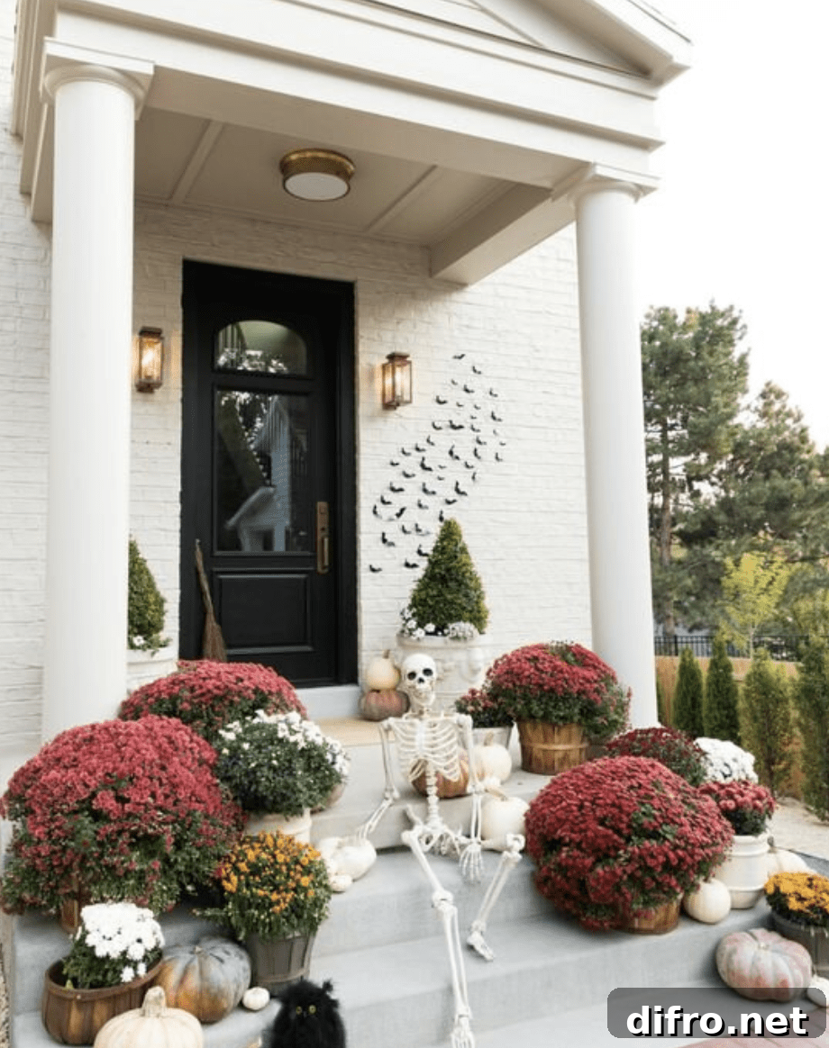 Skeleton decor relaxing on a porch