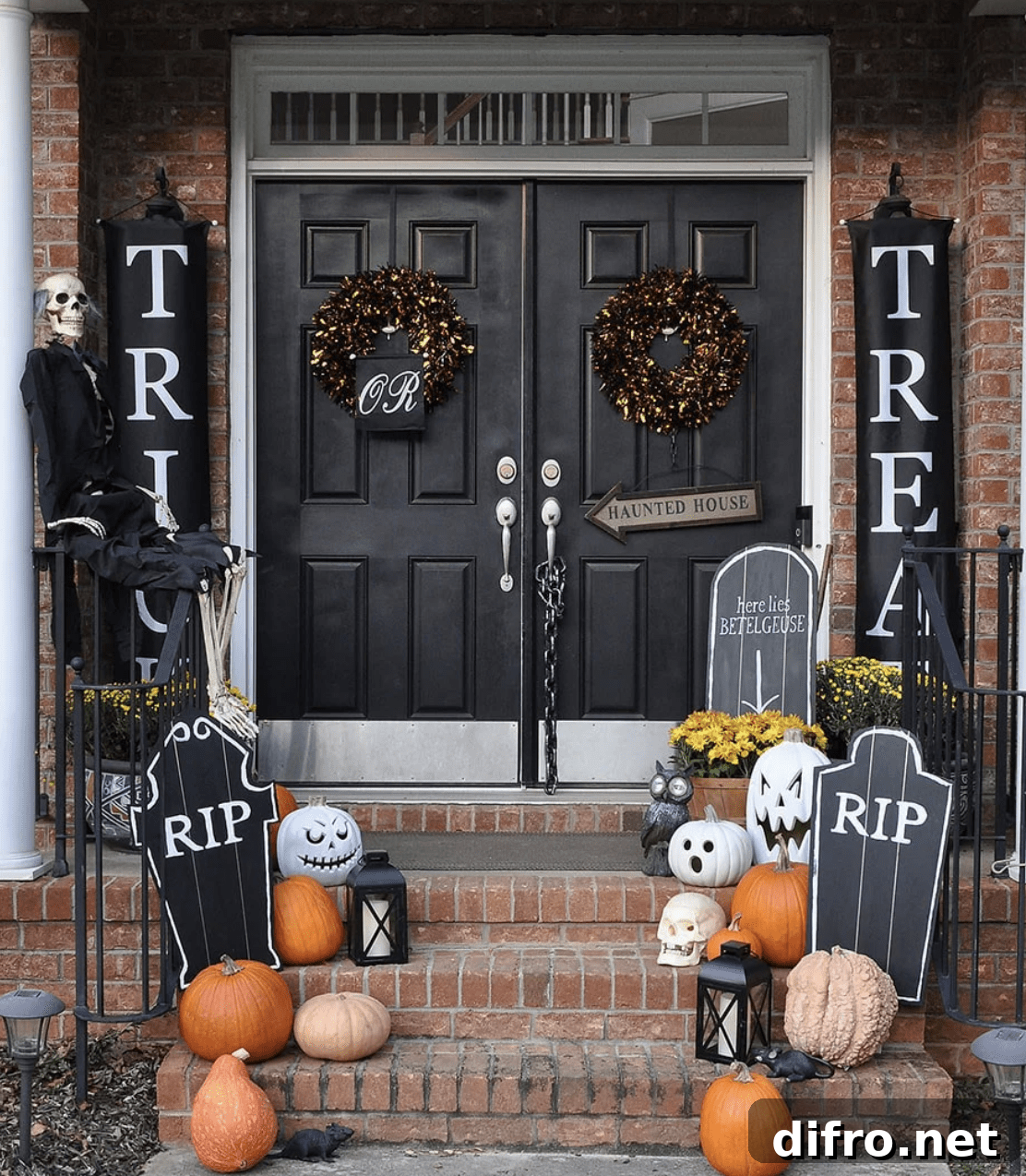 DIY chalkboard tombstones on a porch