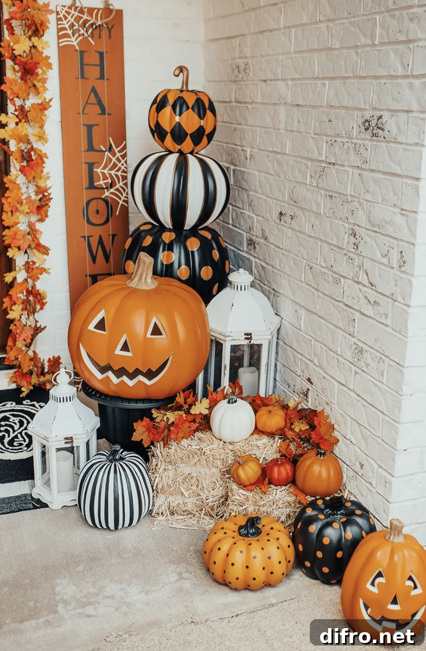 Porch with painted pumpkins in orange white and black