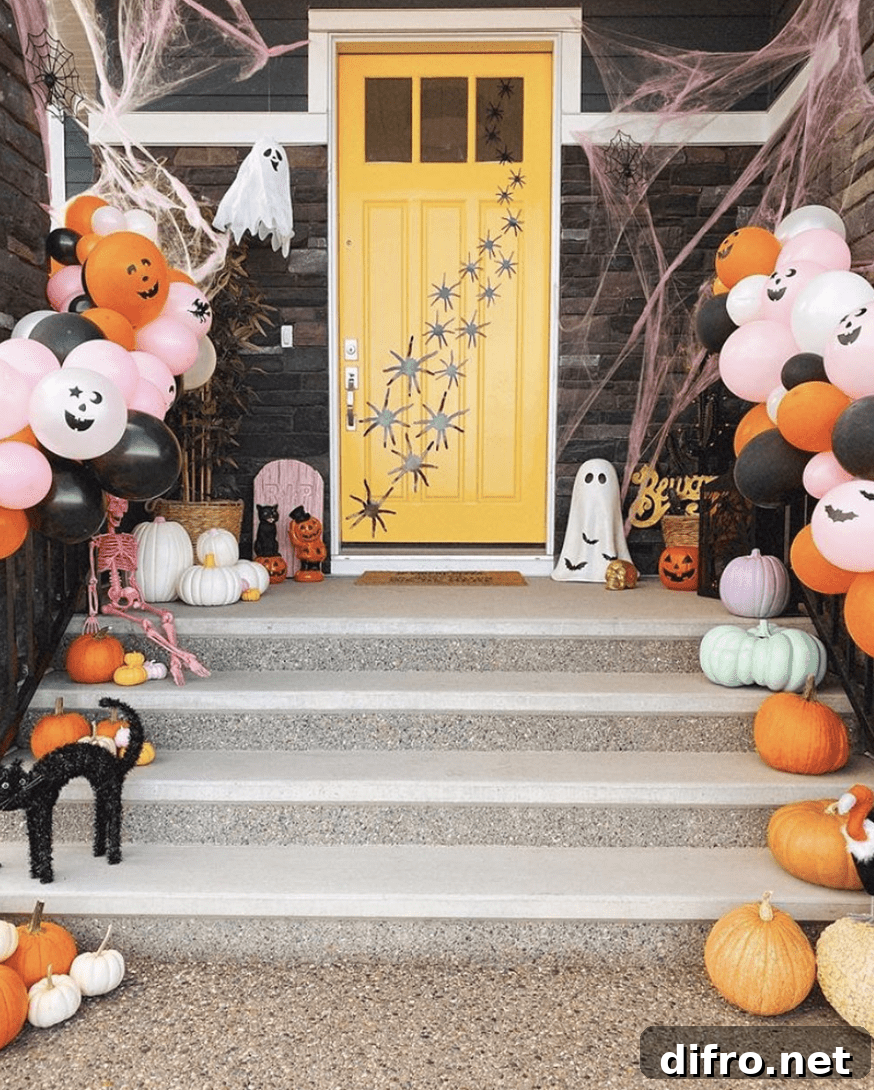 Porch decorated with blush and Halloween accents