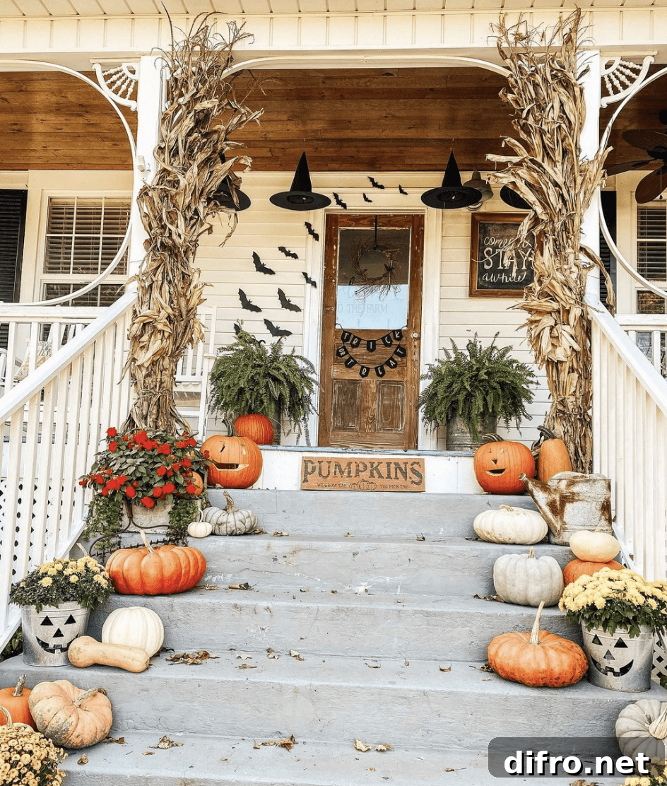 Farmhouse porch decorated for Halloween with corn stalks